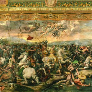 Gemälde: Die Schlacht an der Milvischen Brücke im Jahr 312 n. Chr., hier dargestellt vom Renaissance-Maler Giulio Romano