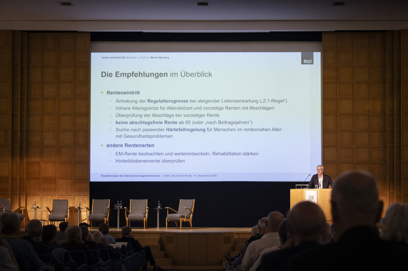 Ein Mann steht an einem Rednerpult. Auf der Leinwand hinter ihm sind die Empfehlungen der Alterssicherhungskommission abgebildet.