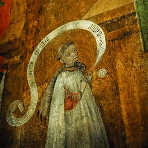 Wandmalerei aus dem 15. Jahrhundert, St. Lambertus in Düsseldorf: Dargestellt ist ein unbekannter Stifter, im Schriftband über ihm wird die Mutter Gottes angerufen.